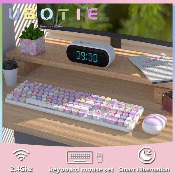 UBOTIE Colorful Wireless Keyboard and Mouse Combo 104 Keys Round Retro Keyboard with Number Pad Typewriter Good Gift for Girl X250203