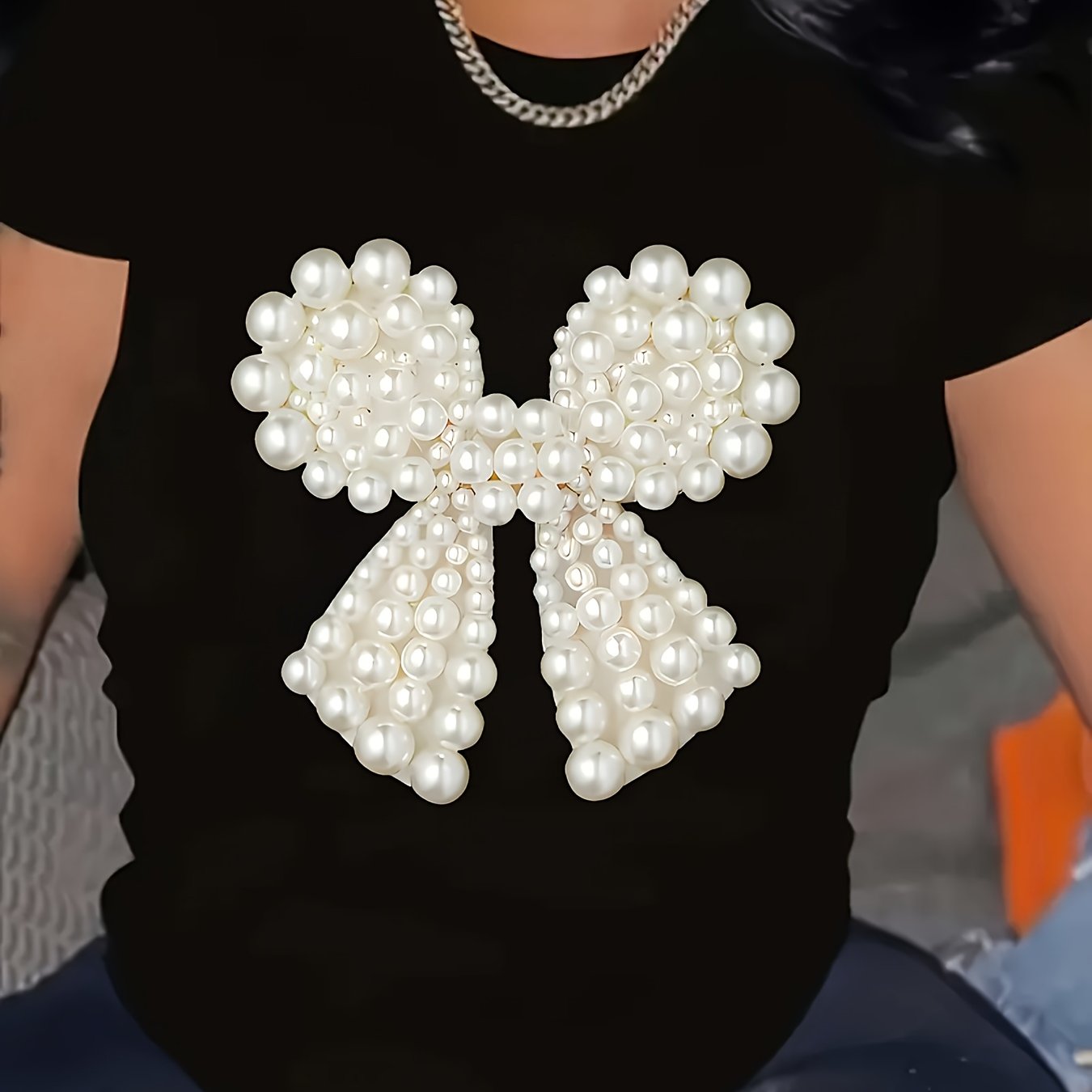 TEMU Bowknot Pearl Print, Comfortable Round Neck T-shirt, Machine Washable, In All , For , This Product Is Designed With Printed Pattern, Pearls Are