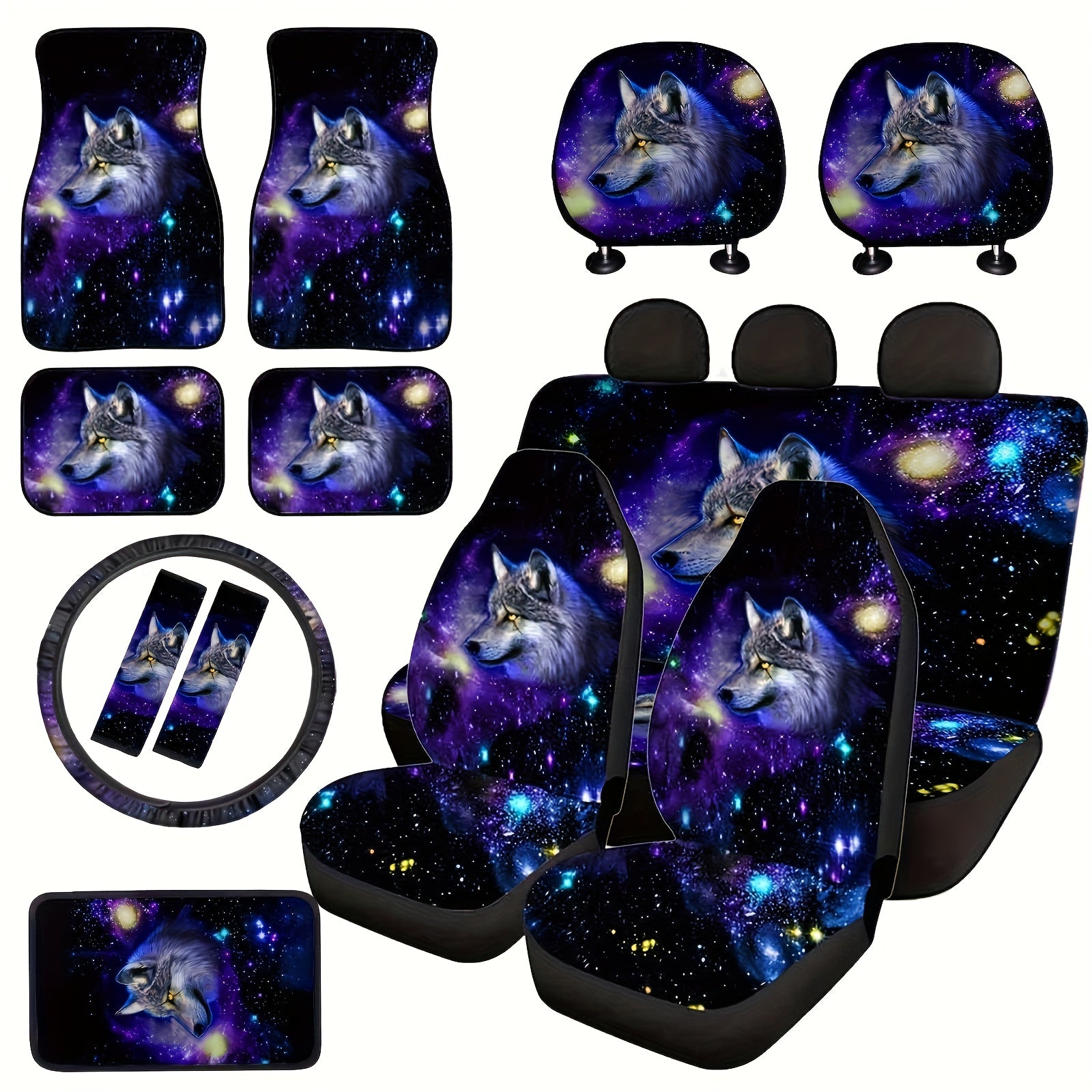 TEMU 1 Set Of For Galaxy Wolf Head Pattern Set Full Set Of Car Interior, With Seat Cover, Foot Mat, Steering Wheel Cover, Armrest Mat For Sedan Suv,