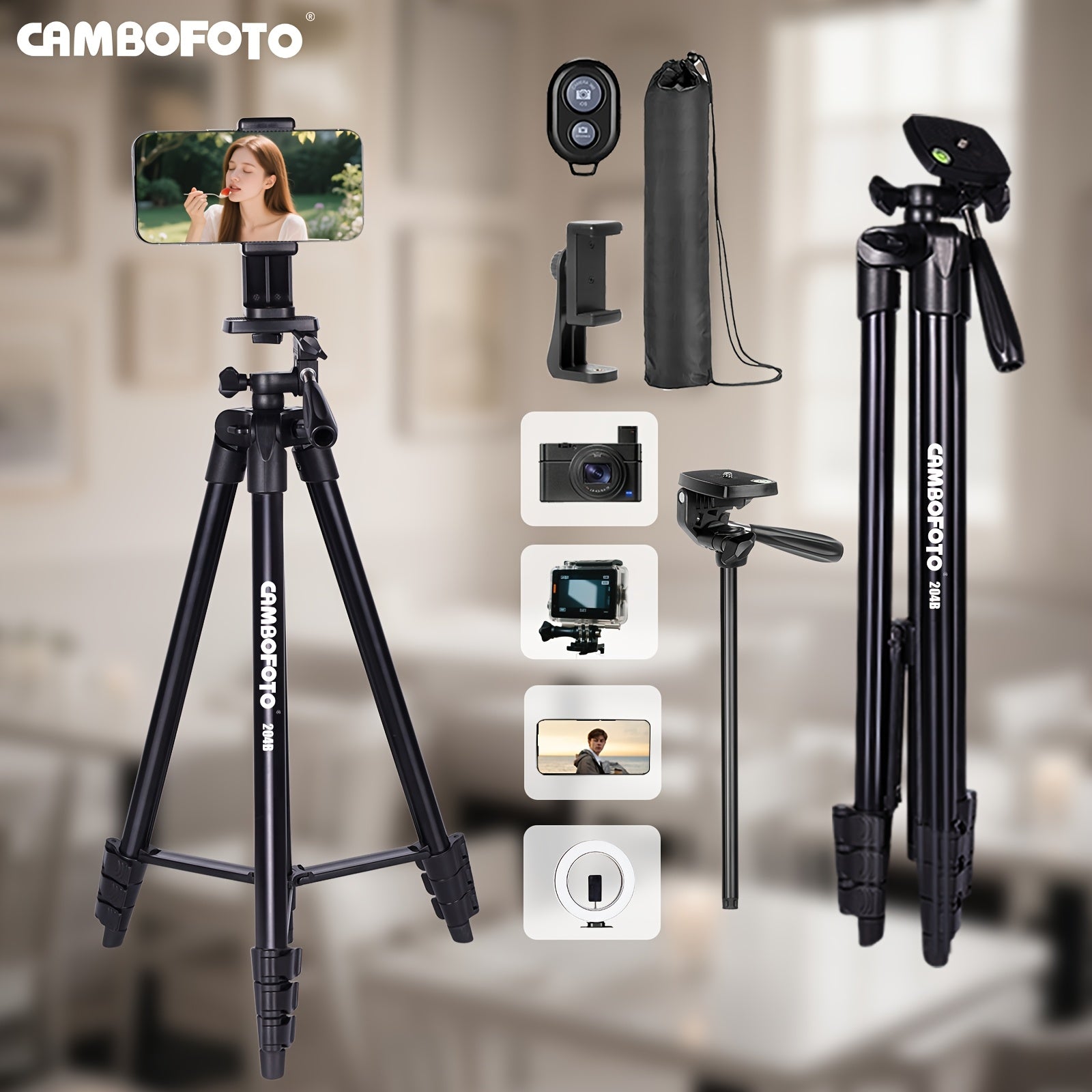 TEMU Light Phone Tripod, 63 Inch Mirrorless Cameras Tripod, Aluminum Alloy Stand Is Easy To Carry, And Universal Clip, Compatible With Mobile--action
