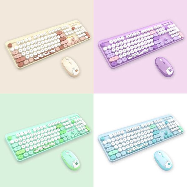 Keyboard Mouse Combos 2023 New Cute Mute Wireless Keyboard Mouse Set Full Size Pink Apricot Blue Green Purple For Ipad Tablet PC Laptop Comp
