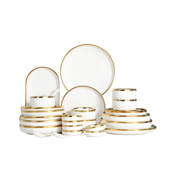 Dinnerware Sets White Porcelain Dinnerware Set 8 Pieces Gold Inlay Ceramic Plates Bowls Western Style Tableware Service for 4 Durable Elegan