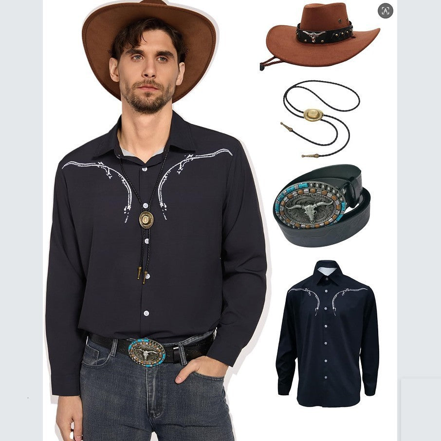 Cowboy Western style Mens Shirt Cowboy Long sleeved Outdoor Street Casual Comfortable Daily Autumn-Winter Collar Shirt 241009