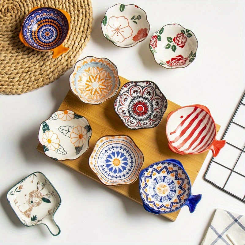 TEMU 6pcs Vibrant Mini Ceramic Bowl Set - Floral & Geometric Patterns, Ideal For Appetizers, Sushi, Dipping Sauces - Colorful Kitchen Essentials With
