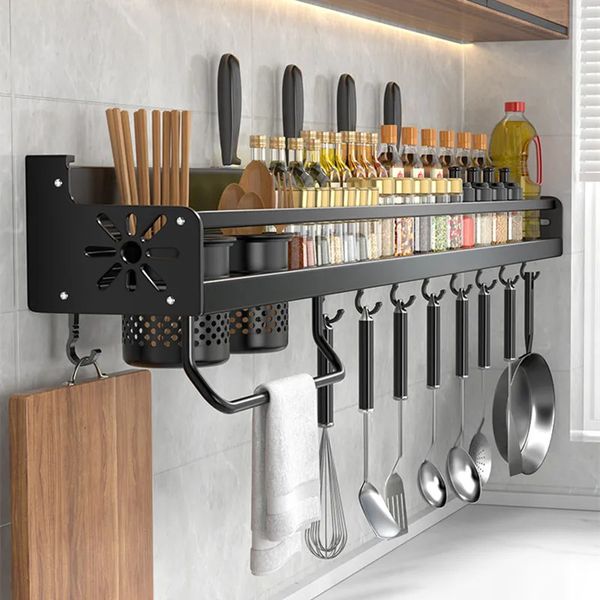Dish Rac Kitchen Organizer prateleira montada Spice Spice Storage Rack Solder de faca de parede Temperamento