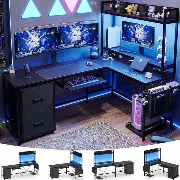Other Furniture L Shaped Gaming Desk Reversible Corner Computer Desk with Power Outlet computer desks gaming deskgaming table Q240703