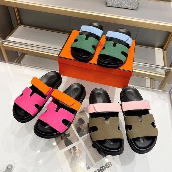 Womens Summer Flat bottom Slippers Flip Flops Designer women Sandals Low Heel Beach Walk Sliders shoes chunky Couple genuine Leather with ba