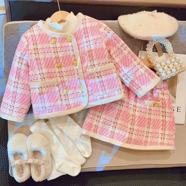 Winter girls 2PCS pure cotton apron warm set childrens tweed autumn cardiganwool T-shirt girls birthday set 241220