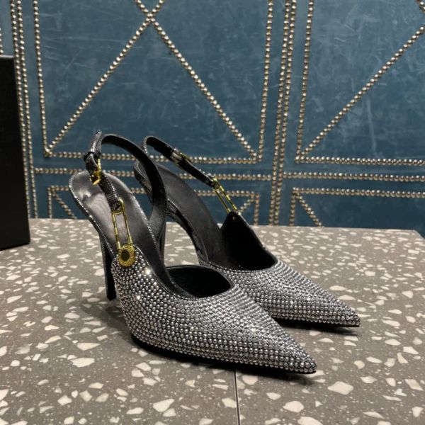 Safety Pin Crystal-embellished Rhinestones Pumps Dress Sky-high Heels Pointed Toe Sandals Women&#039;s Designers Slingback Evening Shoe Fact