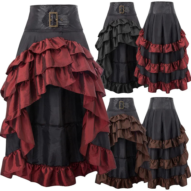 Cosplay Vintage Steampunk Dress Victorian Medieval Ruffled Satin Lace Trim Gothic Skirts Women Corset Skirt Pirate Costumes