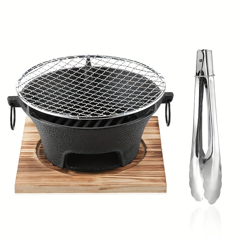 TEMU Four-piece Cast Iron Round Charcoal Stove, With Wood Grain Base, Grill Net, Clamp, No Built-in Ignition Device, Suitable For Brewing Tea,