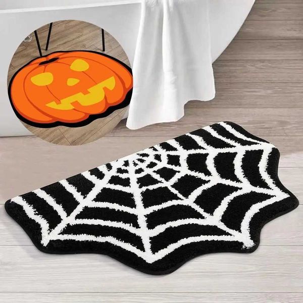 2023 Halloween Spider Web Bath Mat Non Slip Pumpkins Rugs Gothic Bats Coffins Carpet White Half Round Bath Mat BathroomC250102