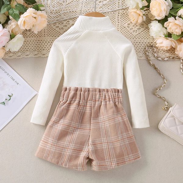 Clothing Sets Small And Medium Sized Girl Autumn Long Sleeved Collar T Shirt Checkered Shorts Two Piece Set 398e