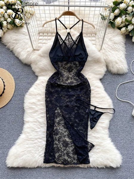 Other Panties SINGREINY Summer France Sensual Night Dress Erotic Hollow Out Camis Lingerie Nightwear Women Split Slim Sheer Lace Pajamas Dre