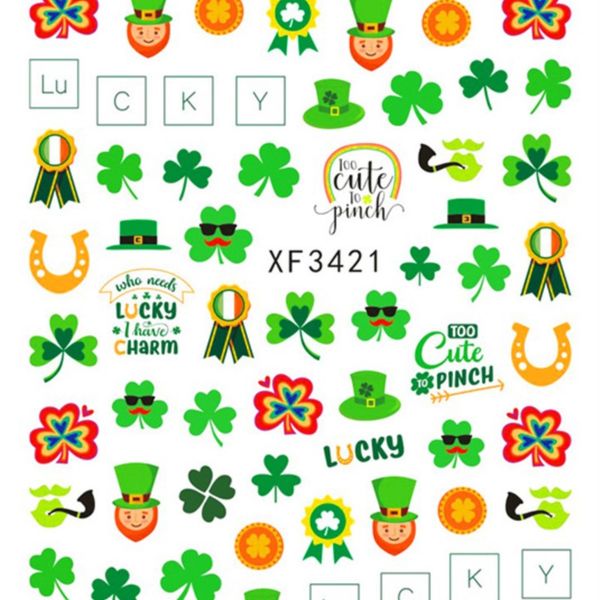 10 Sheets Green Irish Trefoil 3 Leaf Lucky Flowers St. Patrick&#039;s Day Adhesive Nail Art Stickers Decals Manicure Charms Suppliers