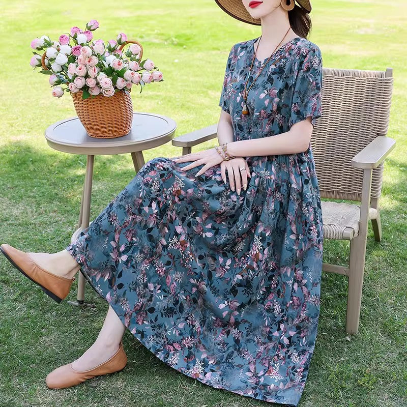 M023 Summer new cotton silk dress large size suitable for all people, slimming artificial cotton mid-length skirt