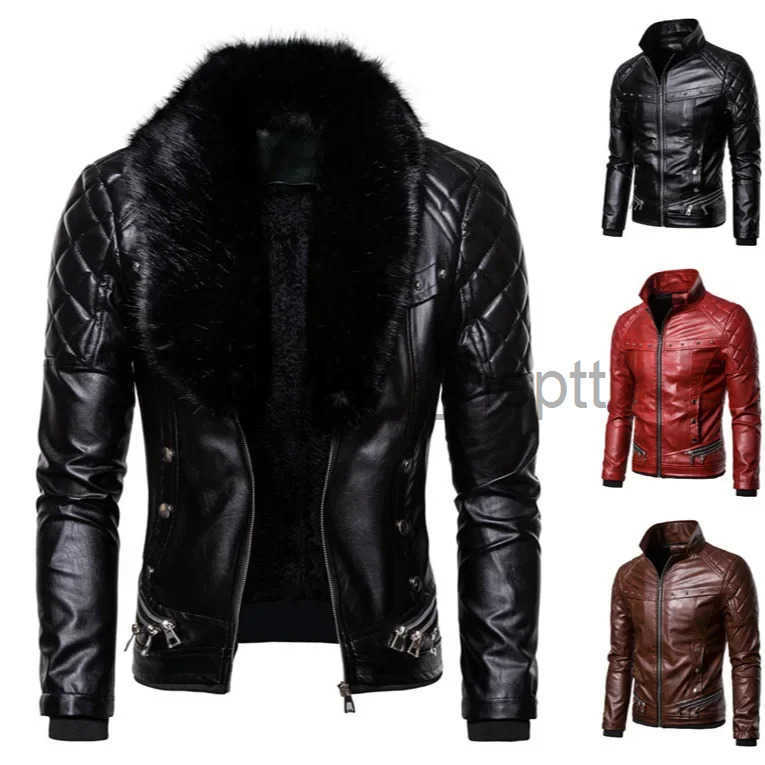 Mens Punk Style Detachable Necktie Cropped Studded Quilted Thick Windproof Motorcycle Pu Leather Jacket J250908