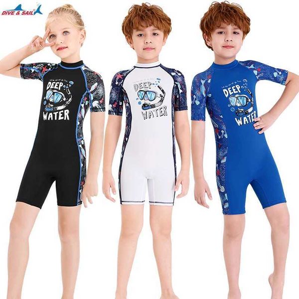 Two-Pieces Dive Sail UPF 50+ One Piece Swimsuit Kids Short Sleeve Beach Diving Skin Anti UV Rash Guard Lycra Swimwear For Girl Boy Zip Back