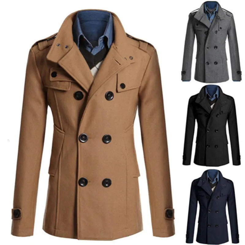 Men&#039;s Wool Blends 2023 Winter Mens Warm Trench Woolen Coat Slim Casual Jackets Male Solid Stand Collar Double Breasted Peacoat Parka 231013