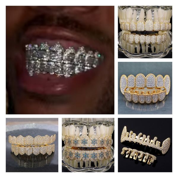18K Real Gold Punk Hiphop Dental Mouth Grillz Braces Bling Cubic Zircon Rock Vampire Teeth Fang Grills Braces Tooth Cap Rapper Jewelry for C
