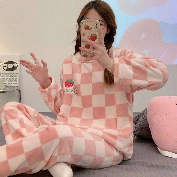 2-piece-set womens winter sleepwear set with thick plush color matching cartoon carrot round neck long sleeved top elastic waist loose fit 2