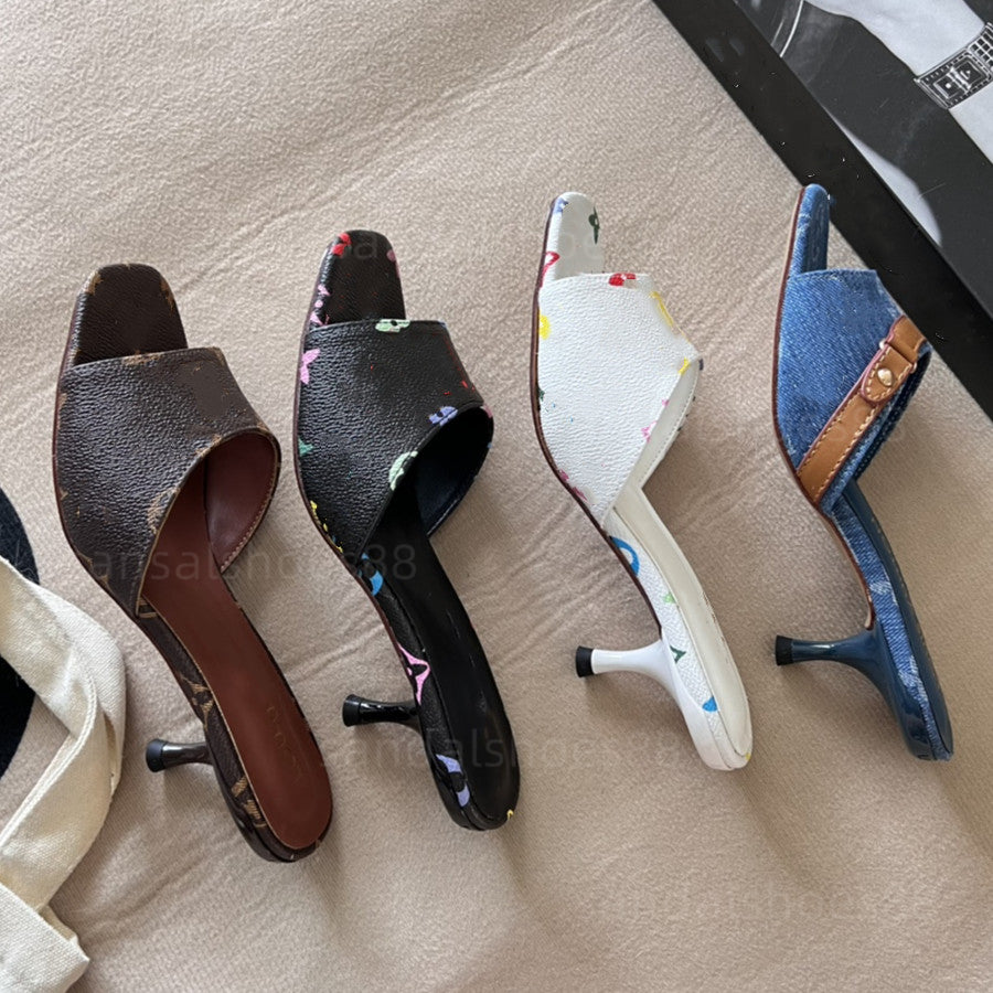 Designer Mules Heels Women Sandals Open Toe Kitten heels Slides Slippers Black White Brown Printed Denim heel Pumps Flip Flops Slipper Sandles Mule