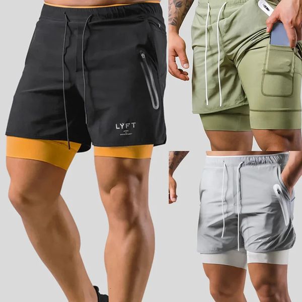 2 em 1 Running Sports Shorts Homens homens jogando esportes de roupas esportivas Fitness Bodybuilding calça rápida seca