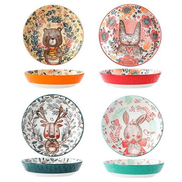 Cartoon Forest Animals theme Bakeware Underglaze Ceramic Single Bowl Baking Pan Salad Plate Household Kitchen Supplies TablewareXJ241214