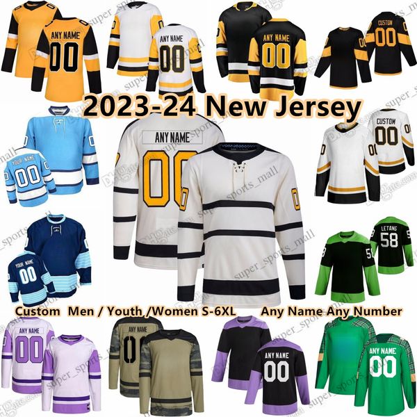 Custom S-6XL 2023-24 Season College Hockey Jersey 58 Kris Letang Evgeni Malkin Jeff Carter Jason Zucker Tristan Jarry Sidney Crosby Rickard