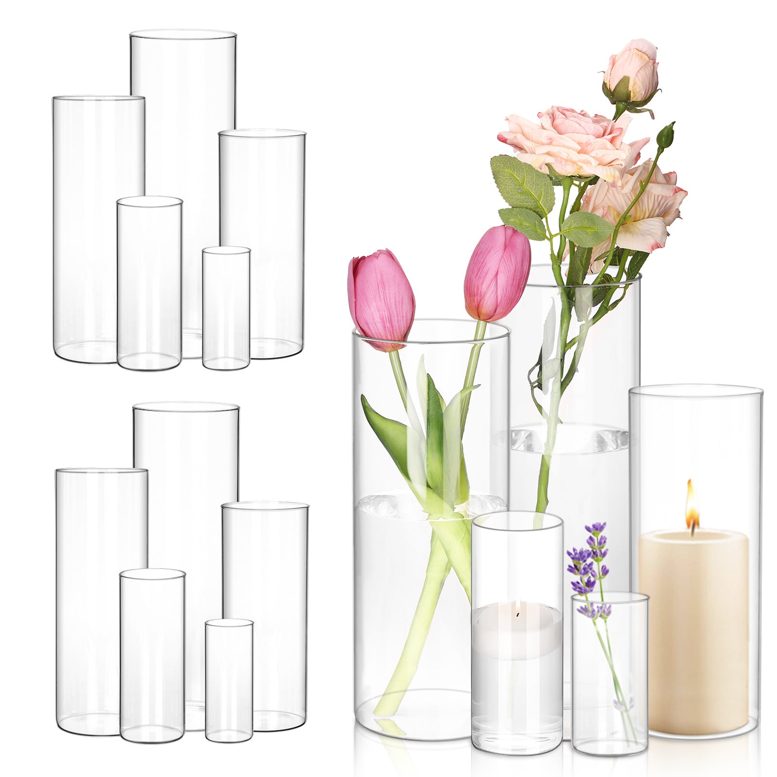 TEMU Whonline 15 Pcs Clear Glass Cylinder Vases, 4, 6, 8, 9.8, 11.8 Inch Tall, Multiple Size Tall Cylinder Vases For Party Centerpieces, Glass Flower