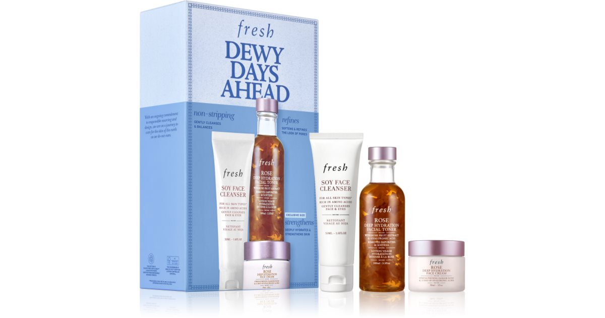 fresh Dewy Days Ahead facial care set cleansing gel 50 ml + hydrating rose toner 100 ml + face moisturizer with hyaluronic acid 30 ml