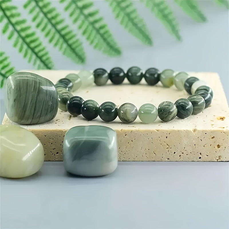 TEMU 1pc Elegant Boho Stone Beaded Bracelet, Green Gemstone Stretch Jewelry For & Gift-, Ideal For Christmas, Thanksgiving, Valentine's Day,
