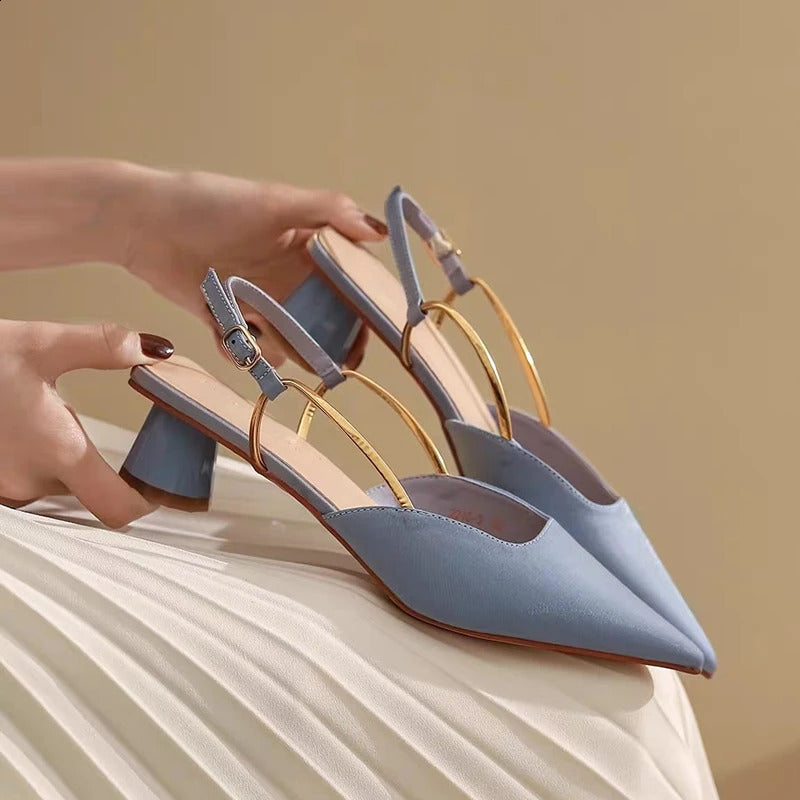 French satin style sandals spring womens point mid heel edition single shoe Zapatos De Mujer Trafza 240919