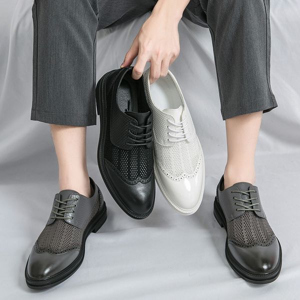 Derby Fashion Leather Summer Breathable Mesh White Brogue Lace Up Solid Dress Business Party Wedding Shoes Men bb0c