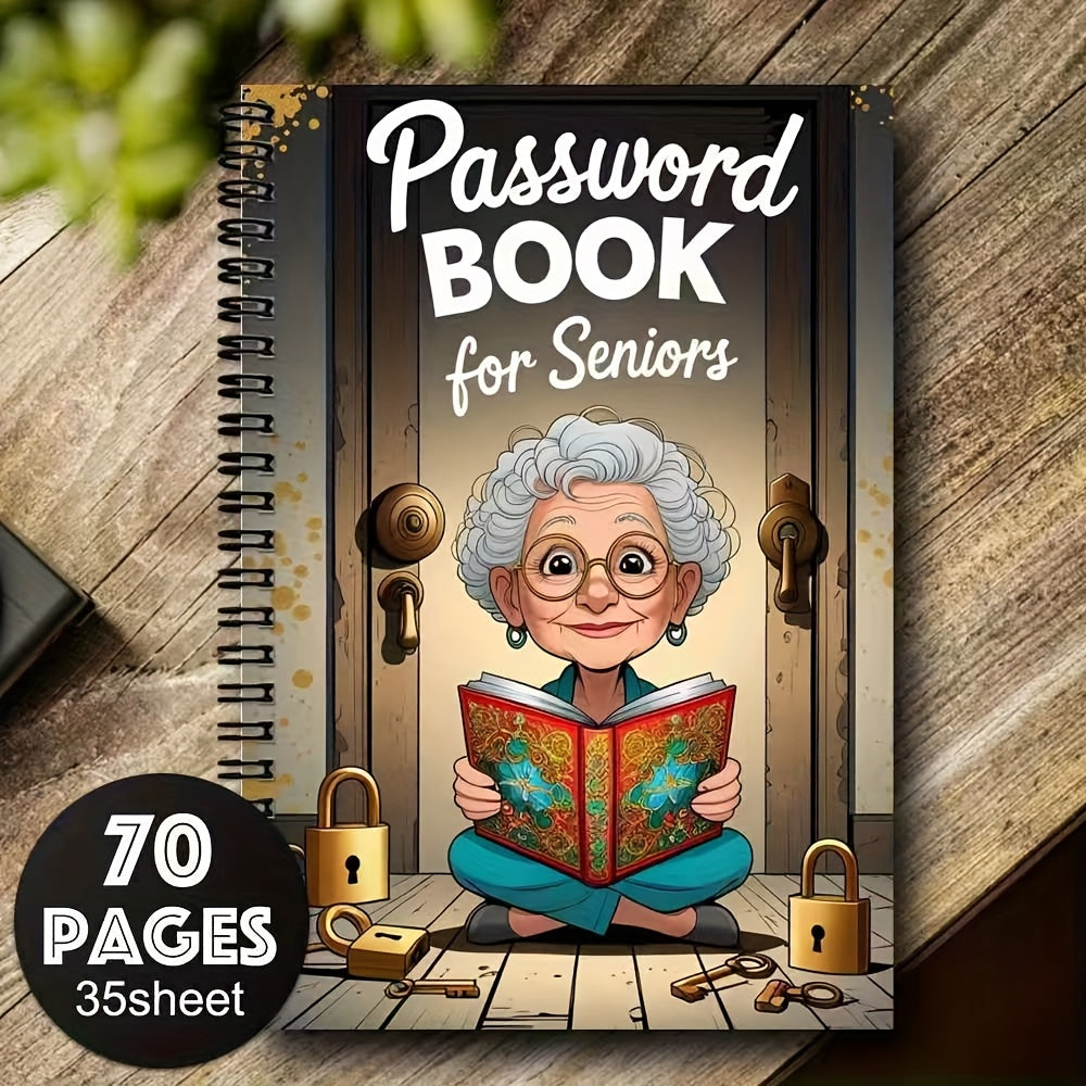 TEMU 1 Cartoon Spiral Password Book Suitable For Seniors - 70-page Locking Notebook With Elderly Character Art, Internet And Office Use Secure