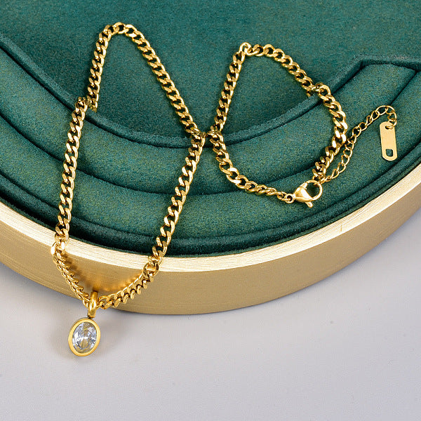 Conjuntos de collares y pulseras de cadena de eslabones de acero inoxidable ovalados con colgante de circonita cúbica transparente