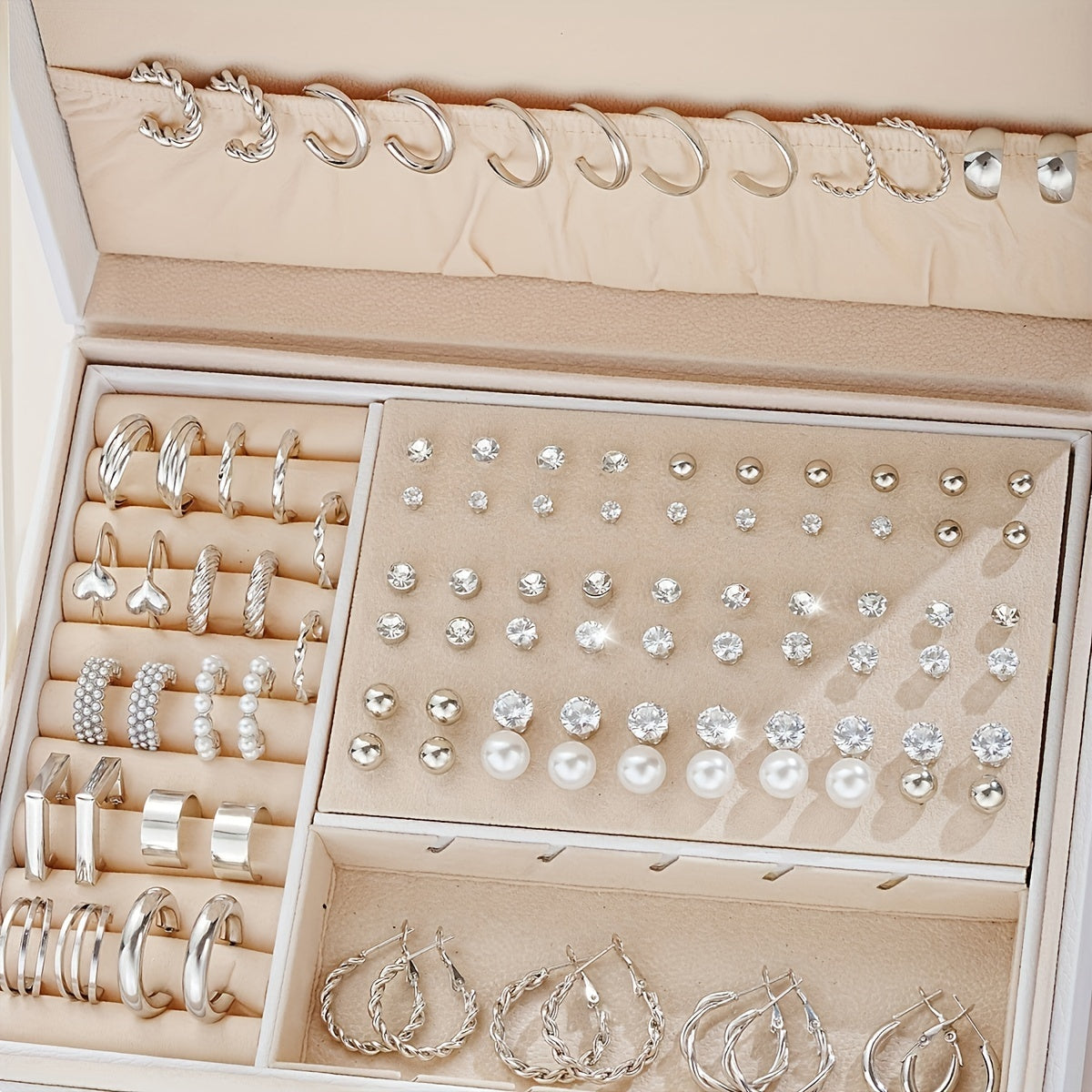 TEMU 102pcs Women's Elegant & Earrings Set - Twisted Loop Hoops, Dainty Studs, Hoops & Drops In White & - Versatile Everyday Wedding Party ()