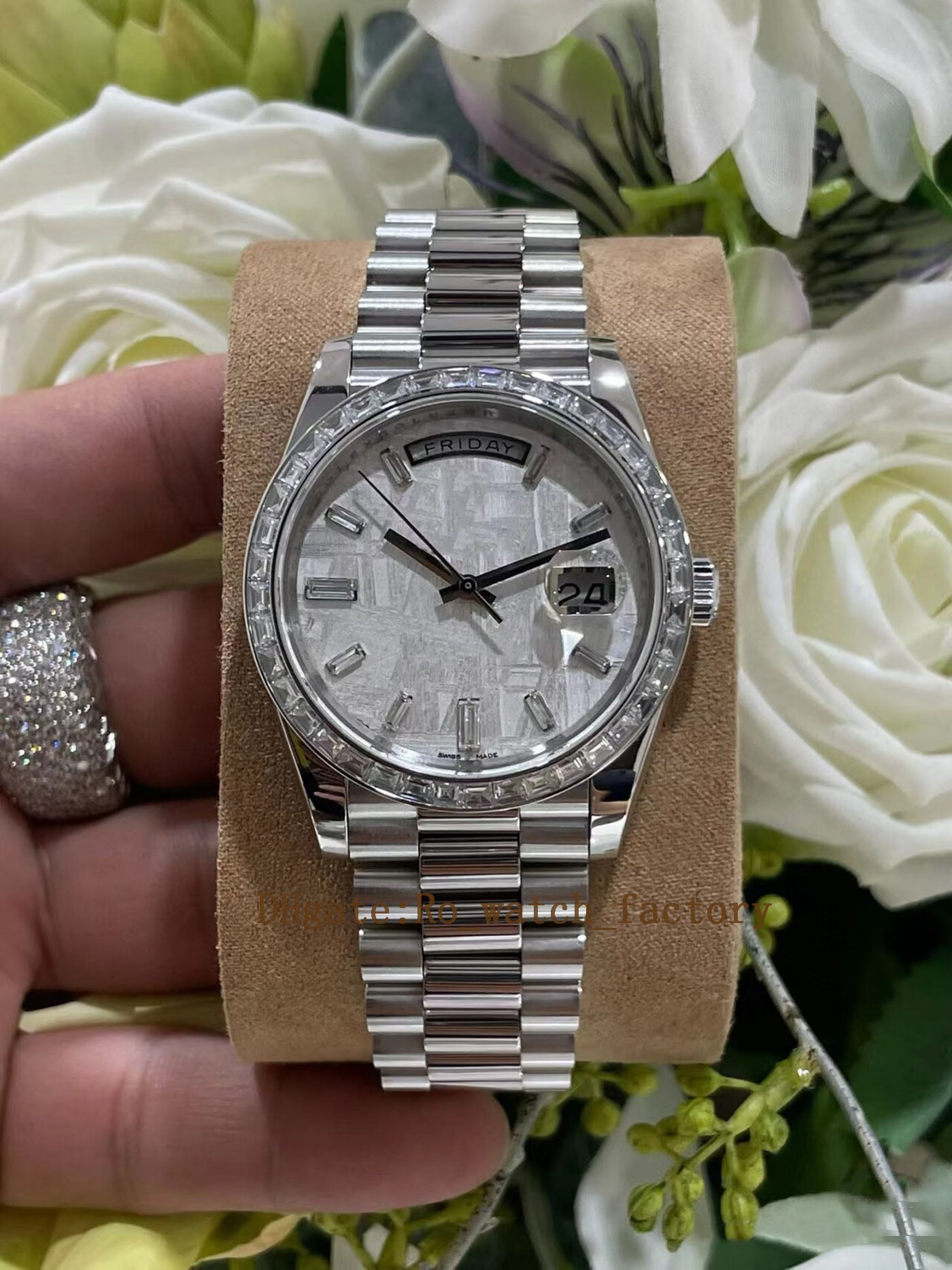 Elegant Men&#039;s Sapphire Crystal 3235 Automatic Watch 40mm Case, Waterproof Design, Sapphire Diamond Hour Markers, Meteorite, 10 Square Cut Diamo