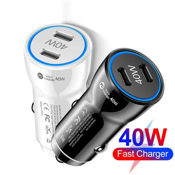 40W Dual PD Car Chargers Type C QC3.0 Car Phone Charger Fast Charging For iPhone 15 14 13 12 Pro Max Xiaomi Samsung S21