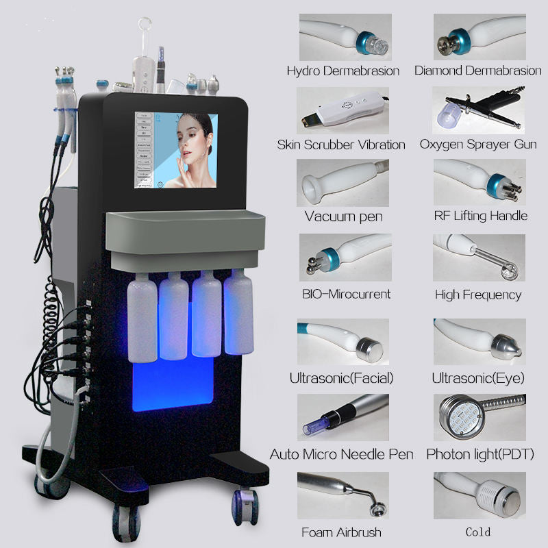 Good 14IN1 Hydro Microdermabrasion Skin Lifting Device Multifunction High Frequency Facial Spa Ultrasound BIO Water Dermabrasion Moisturizer Machine
