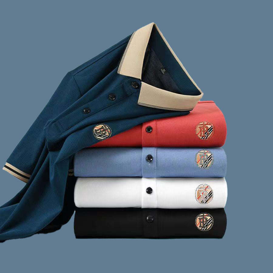 2023Summer high-end embroidered short sleeve cotton cardigan men&#039;s T-shirt Korean fashion casual loose lapel polo shirt clothing summer luxury