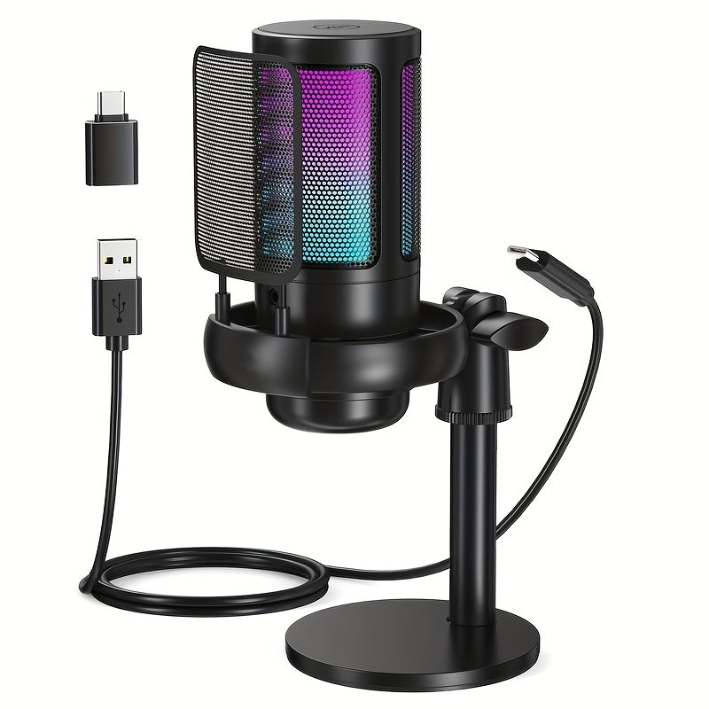 TEMU Microphone, Usb Pc Microphone, For Podcasting Video, Streaming, , Fast Silent, Tripod, Pop Filter, Rgb Indicator, Shockproof Installation,