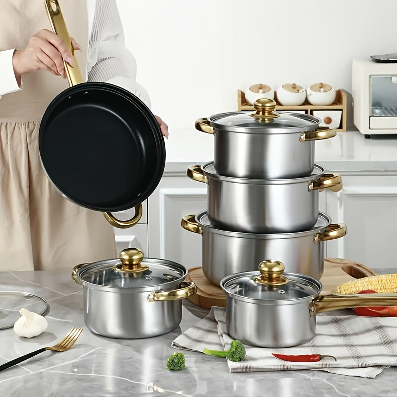 TEMU Stainless Steel Pots And Pans Set, Kitchen Accessories, Pots And Pans Cookware Sets With , Frying Pans, Saucepan, Works With Induction,