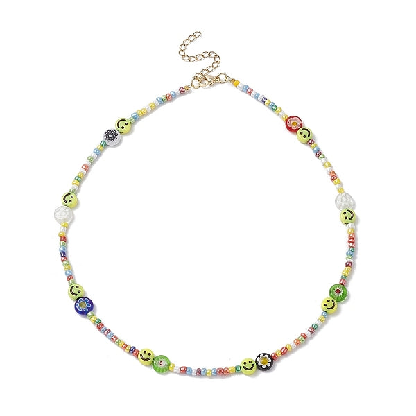 Collier de perles acryliques et de graines de visage de fleur et de sourire pour les femmes
