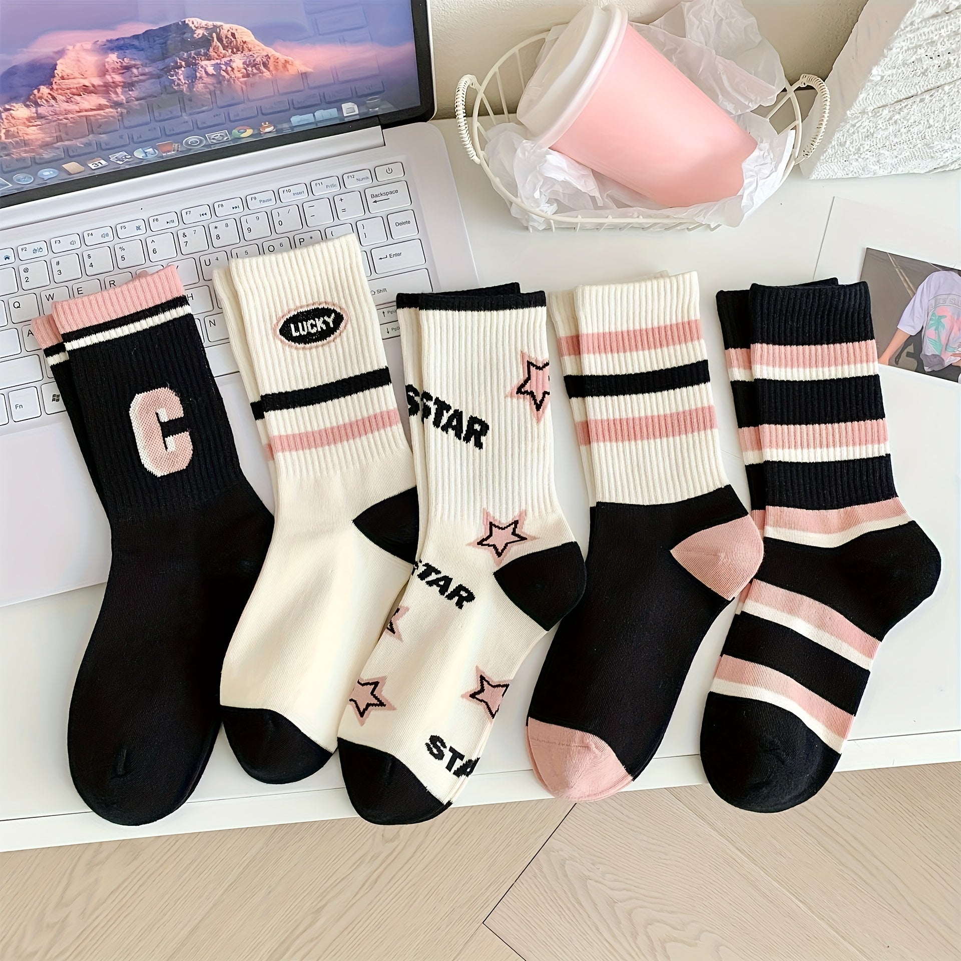 TEMU 5 Pairs Women's College Style Striped Socks With Star Patterns - Stripes, Breathable Machine-washable Casual Crew Socks For Casual Attire,