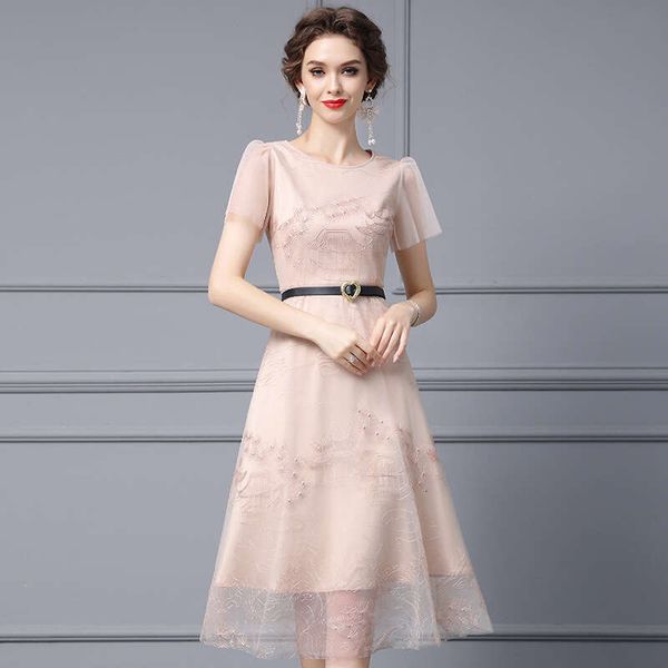 Xiaofei Belt Womens High End Embroidered Bubble Sleeve Mesh Long Skirt 2024 New Summer Dress Temperament Short Loose Self-cultivation Round