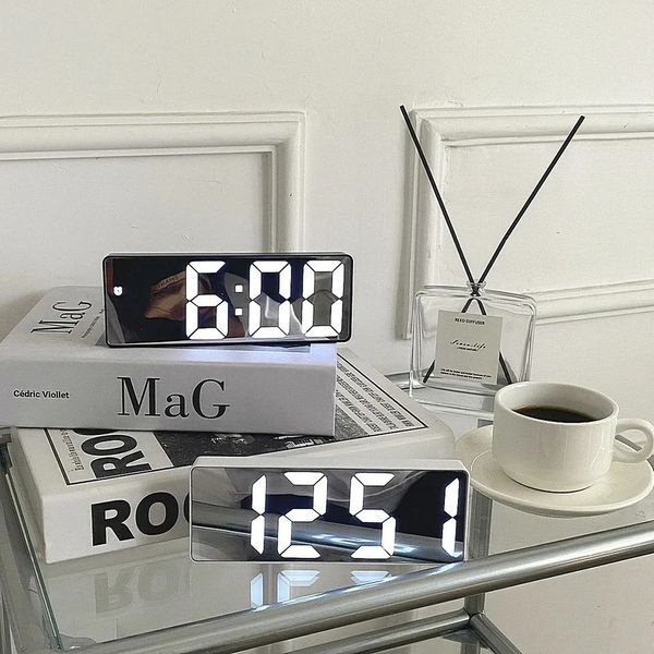 Smart Alarm Clock Bedside Table Led Alarm Clock Digital Childrens Electronic Alarm Clock Curved Screen Mirror Temperature 250211