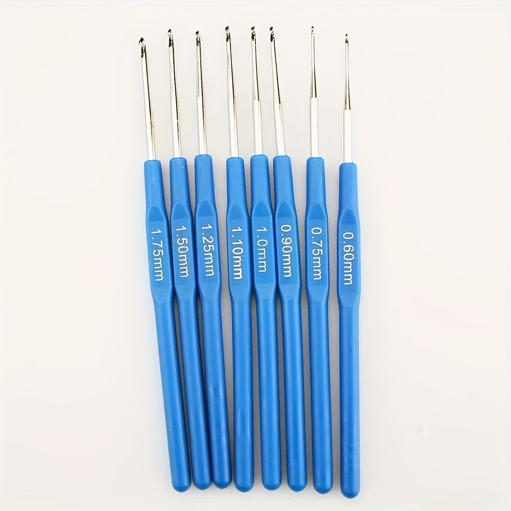 TEMU 8pcs Blue Fine Crochet Hook Set, Diy Yarn Knitting Tools With Ergonomic Handles, Metal Needles For Crafting And Weaving, Crochet