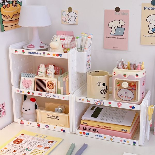 Storage Holders Racks 3-2 Layers Desk Organizers Shelves Desktop Double-layers Storage Rack Hole Plate Hook Penholder Office Storage Shelf 2