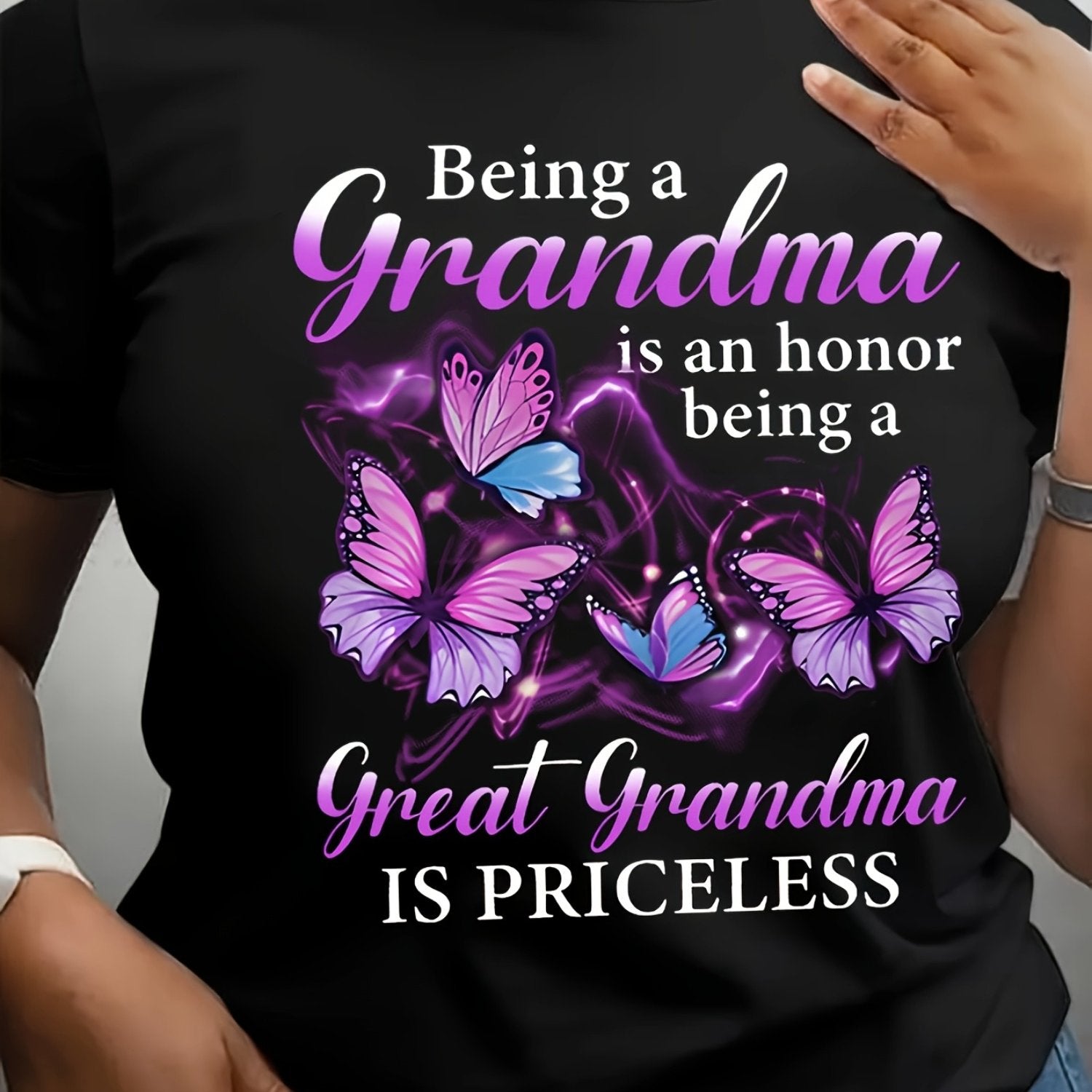 TEMU Plus Size Women's "great Grandma Is " Floral Print T-shirt - 100% Slim Fit Round Neck Casual Top, Machine Washable